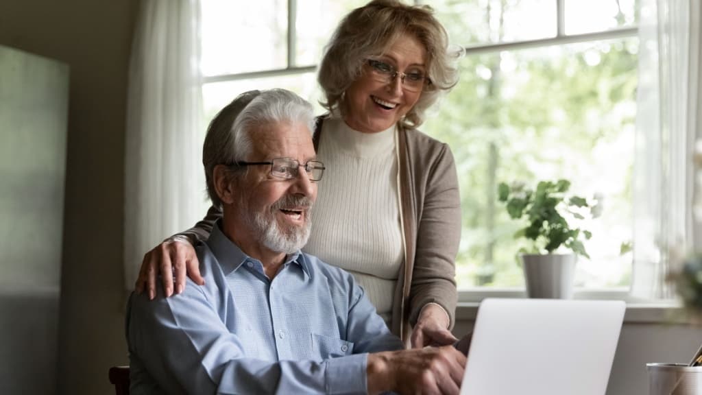 Amazed elderly married couple hug looking at pc screen pointing fingers.